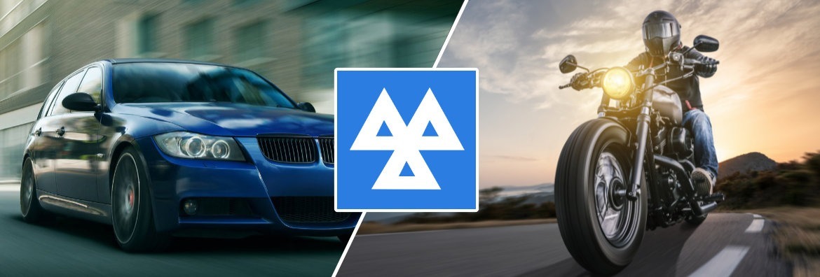 A blue car driving through an urban environment, the blue and white MOT symbol, and a person riding a motorcycle through the countryside.